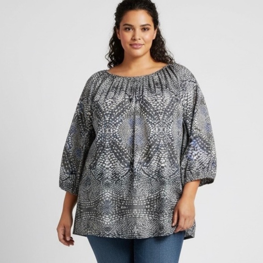 Ellos Blouse Shirt Women Plus 30 32 Gray White 100% Cotton Abstract Print V Neck